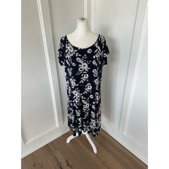Loft Outlet Womens Navy and White Floral Stretch Short Sleeve Swing Dress Sz XL - Picture 2 of 8